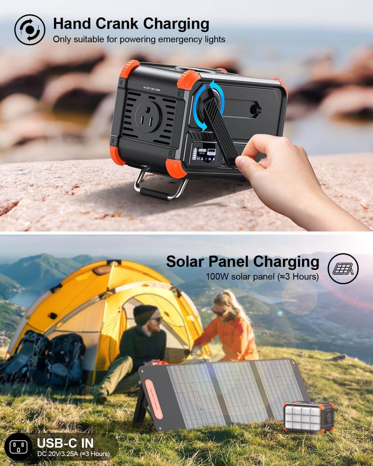 Browey Portable Power Station Charging Options (Hand Crank & Solar)